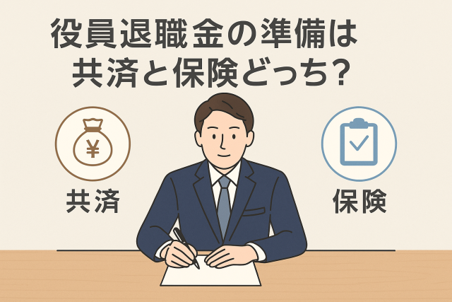 役員退職金の準備方法として共済と保険のどちらを選ぶべきかを示すアイキャッチ画像。スーツ姿の男性がデスクで書類に向き合い、左右に「共済」「保険」を表すアイコンが配置された比較イメージのデザイン。