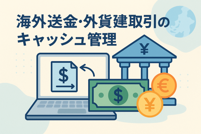 海外送金や外貨建取引の資金管理をテーマにしたビジネスイラスト。ノートパソコンや銀行のアイコン、ドル・ユーロ・円の通貨記号が描かれ、国際送金や為替管理のイメージを表現したデザイン。