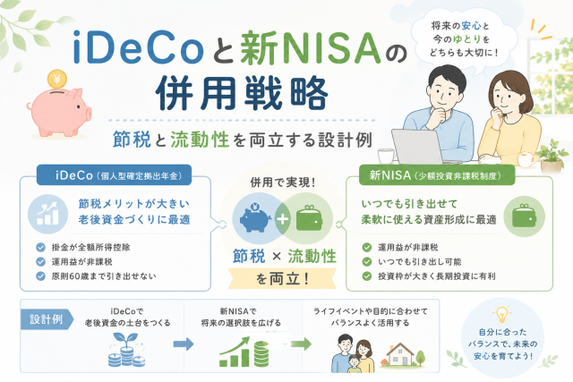 iDeCoと新NISAを併用し、節税効果と資金の流動性を両立する考え方をわかりやすく表したアイキャッチ画像