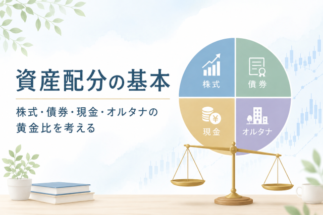 資産配分の基本として、株式・債券・現金・オルタナティブ資産のバランスを円グラフと天秤で表したアイキャッチ画像。