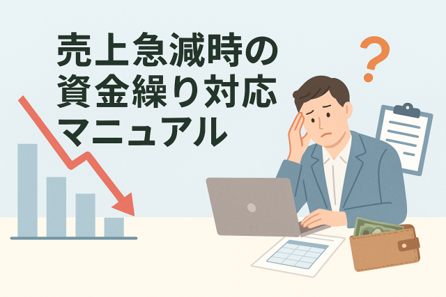 売上が急減した際の資金繰り対応をテーマにしたビジネスイラスト。グラフの下降線と悩む経営者が描かれ、資金管理の重要性を表現している。