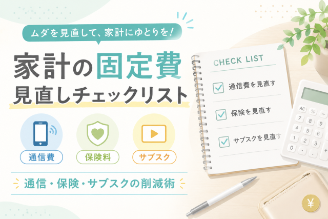 家計の固定費見直しチェックリストとして、通信費・保険料・サブスクの削減ポイントをイラストでわかりやすく示したアイキャッチ画像。