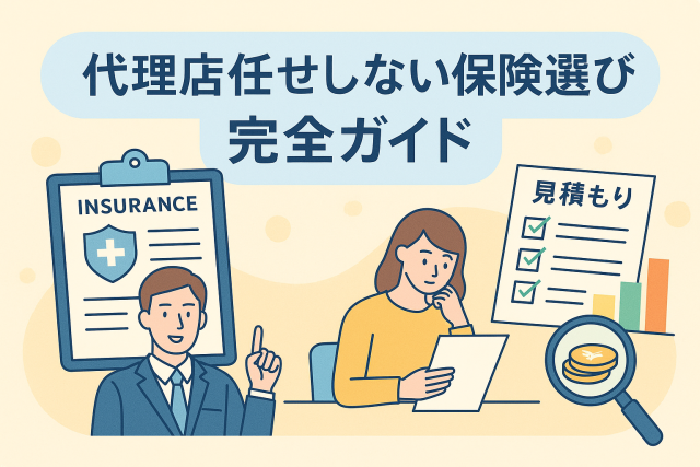 代理店任せにせず自分で保険を選ぶためのガイドをイメージしたイラストで、保険書類、見積もりチェックリスト、グラフ、人物などを配置した親しみやすいアイキャッチ画像。