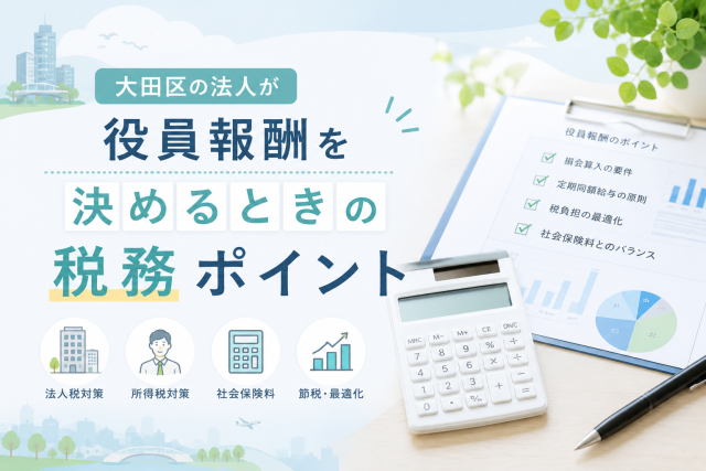 大田区の法人が役員報酬を決める際の税務ポイントを、電卓や資料、税務チェックリストでわかりやすく表現したアイキャッチ画像。