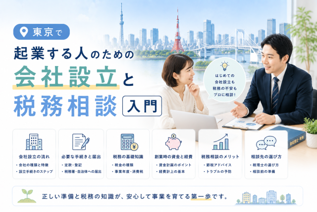 東京で起業する人が、会社設立の流れや必要な手続き、税務相談のポイントを税理士に相談している様子を表したアイキャッチ画像