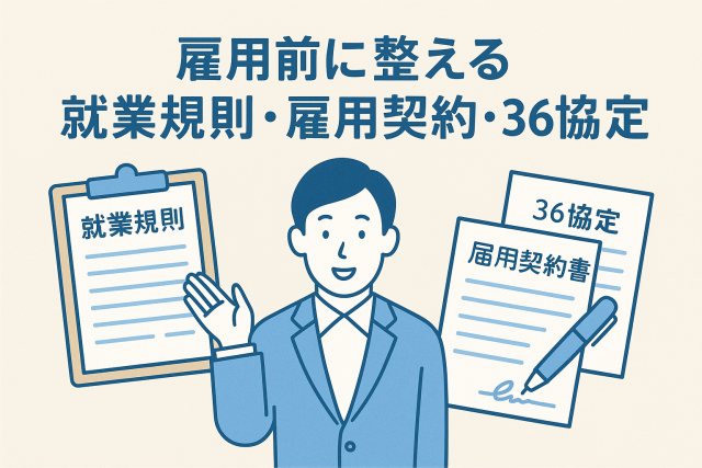 雇用前に整える就業規則・雇用契約・36協定をテーマに、スーツ姿の男性が書類を説明しているイラスト。クリップボードに「就業規則」、隣に「雇用契約書」と「36協定」が描かれた清潔感あるデザイン。