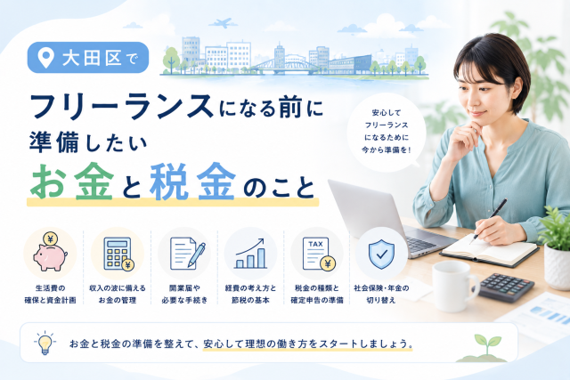 大田区でフリーランスになる前に、生活費や資金計画、税金、開業手続き、社会保険の準備を確認している様子を表したアイキャッチ画像