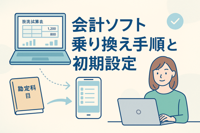 「会計ソフト乗り換え手順と初期設定」というタイトルが入ったイラストで、ノートパソコン・スマートフォン・勘定科目帳が矢印でつながり、データ移行やクラウド連携をイメージしています。淡いブルーとベージュを基調とした親しみやすく清潔感のあるデザインです。