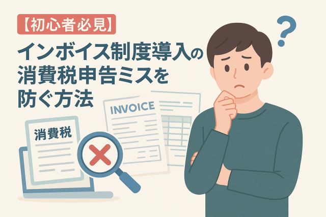 インボイス制度導入後の消費税申告ミスを防ぐ方法をテーマにしたアイキャッチ画像。請求書や消費税の書類、拡大鏡で誤りをチェックするイラストと考える男性が描かれている。