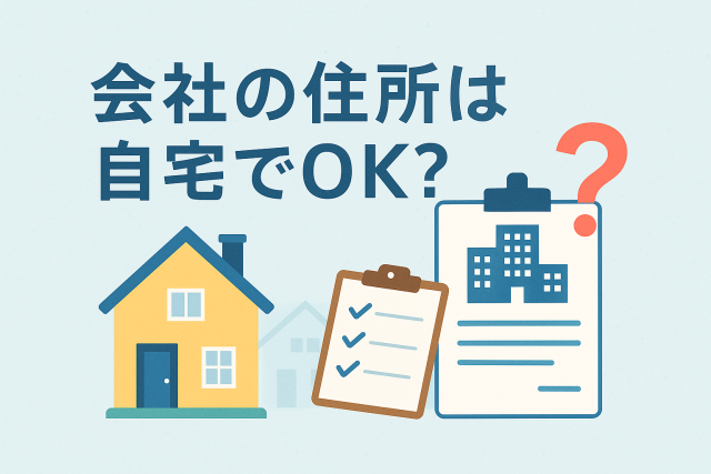 会社の住所を自宅にしても良いかを問うビジネスシーンのイラスト。家のイラストと法人書類、チェックリストが並び、法人登記の住所選びをイメージした構図。