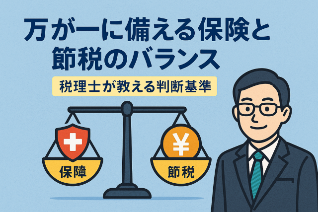 万が一に備える保険と節税のバランスをテーマに、日本語見出しと税理士風の人物、保障と節税を示す天秤が描かれたイラスト。