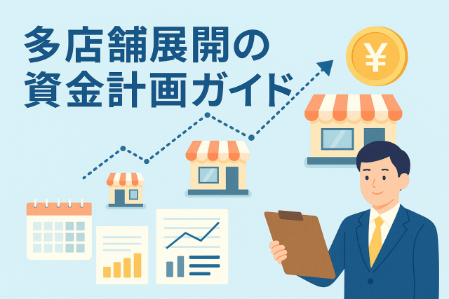 多店舗展開の資金計画をテーマにしたビジネスイラスト。複数の店舗と上昇するグラフ、資金計画書を手にした経営者が描かれ、出店戦略と投資計画をイメージした構図。