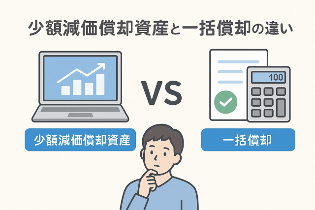 少額減価償却資産と一括償却の違いを比較するイラスト。ノートパソコンと電卓が並び、中央に「VS」と表示され、節税方法を考える男性が描かれている。