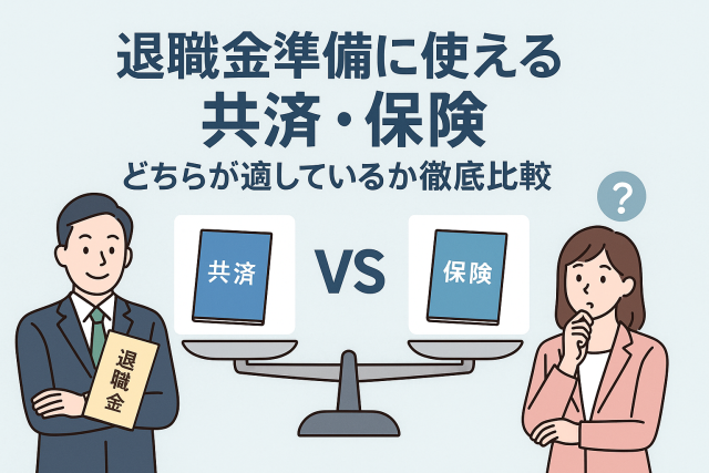退職金の準備に共済と保険のどちらが適しているかを比較するイメージ。男性が「退職金」と書かれた書類を持ち、女性が悩む様子を描いたイラストで、中央に「共済VS保険」と表示されている。