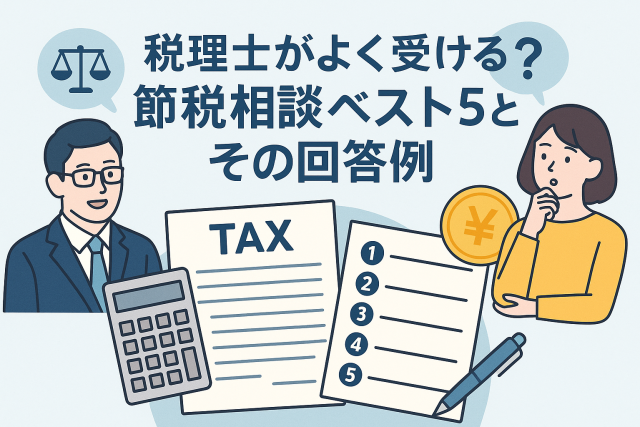 税理士がよく受ける節税相談をテーマにした日本語アイキャッチ画像。スーツ姿の税理士と相談中の女性、電卓や税金書類、チェックリストが描かれており、節税アドバイスや相談シーンを親しみやすく表現している。