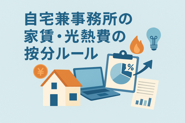 「自宅兼事務所の家賃・光熱費の按分ルール」と書かれた日本語タイトルと、家のイラスト・電卓・パソコン・電気・炎・円マークなどが描かれたイラスト。自宅と事務所を兼ねた経費管理をイメージしたデザイン。