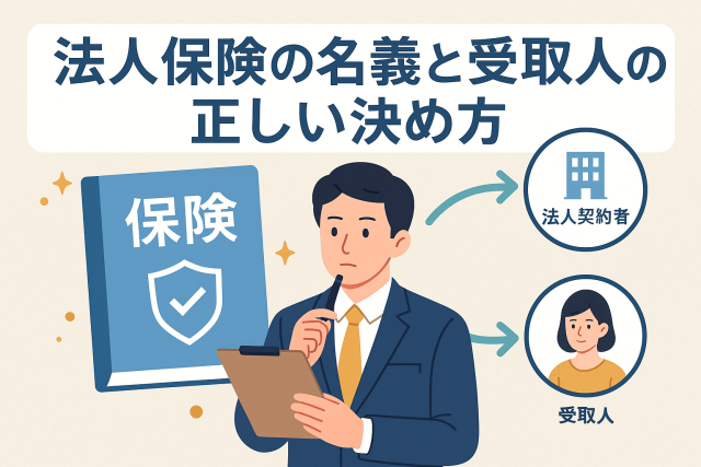 法人保険の名義と受取人の正しい決め方をテーマにしたアイキャッチ画像。保険証券のイラストと、法人契約者・受取人を示すアイコン、判断に悩むビジネスパーソンを配置し、記事内容を直感的に示している。