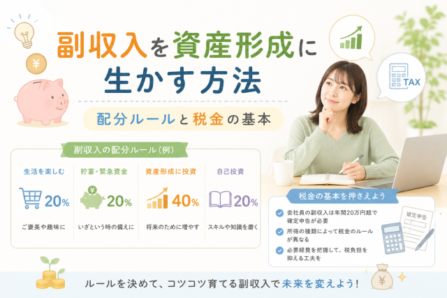 副収入を貯蓄・投資・自己投資などに配分し、資産形成と税金の基本をわかりやすく表したアイキャッチ画像