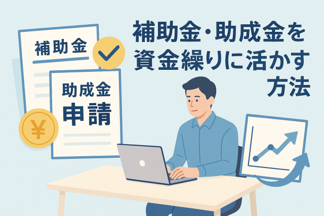 補助金や助成金を活用して資金繰りを改善する方法を解説する記事のアイキャッチ画像。ノートパソコンで事業計画を立てる男性と、「補助金」「助成金申請」と書かれた書類、上昇グラフが描かれている。