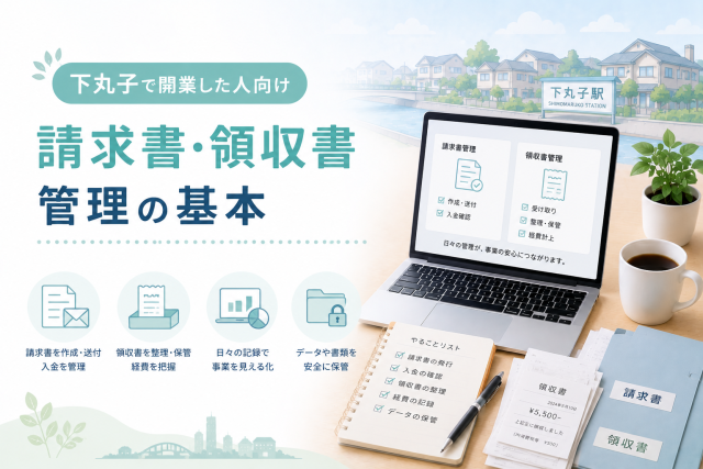 下丸子で開業した個人事業主や小規模事業者向けに、請求書の発行・入金管理、領収書の整理・保管をわかりやすく表したアイキャッチ画像。