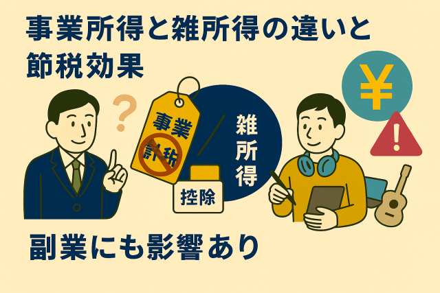 事業所得と雑所得の違い、節税効果、副業への影響をわかりやすく表現したイラスト。税区分の違いや注意点を親しみやすく解説。