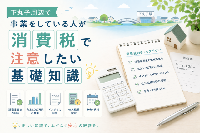 下丸子周辺で事業をしている人向けに、消費税で注意したい基礎知識を、電卓や領収書、チェックリストでわかりやすく表現したアイキャッチ画像。