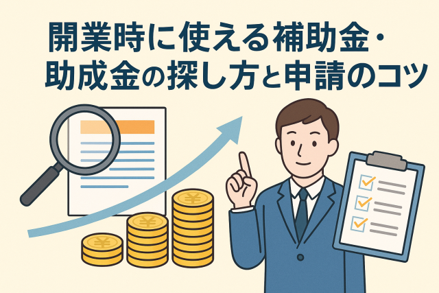 補助金・助成金の申請をテーマにしたイラスト。スーツ姿の男性がチェックリストを持ち、書類やコイン、上向きの矢印を背景に「開業時に使える補助金・助成金の探し方と申請のコツ」と書かれている。