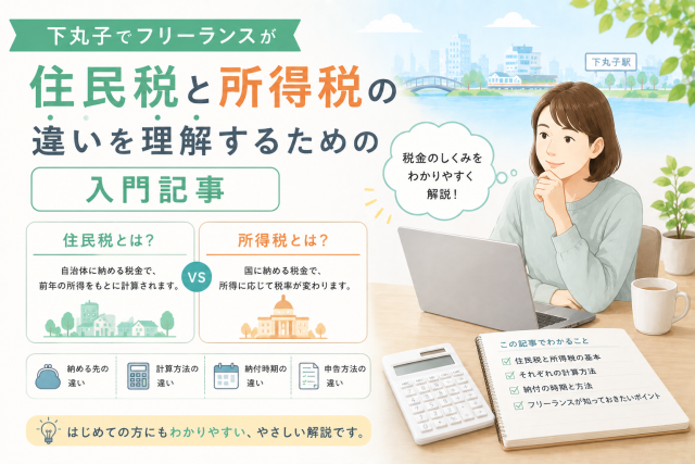 下丸子で働くフリーランス向けに、住民税と所得税の違いを、比較表や電卓、パソコン作業のイラストでわかりやすく表現したアイキャッチ画像。