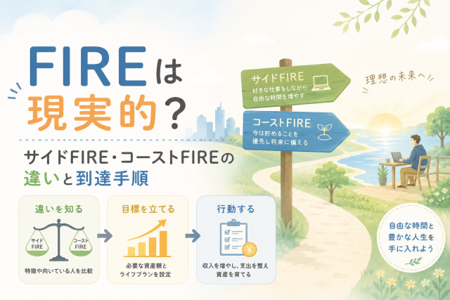 FIREが現実的かどうかを考え、サイドFIRE・コーストFIREの違いと到達手順をわかりやすく表したアイキャッチ画像