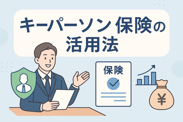 キーパーソン保険の活用法をテーマにしたアイキャッチ画像。経営者を示すイラストと保険証券、グラフやお金のアイコンを配置し、万一の備えを表現したデザイン。