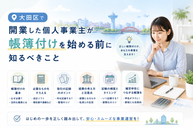 大田区で開業した個人事業主が、帳簿付けを始める前に必要な準備や取引記録、経費管理、確定申告につながるポイントを確認している様子を表したアイキャッチ画像