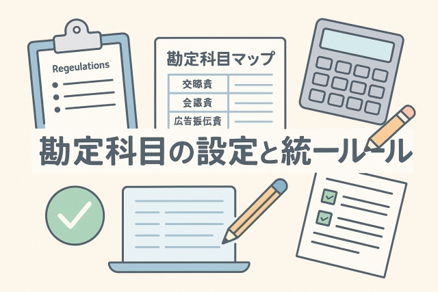 「勘定科目の設定と統一ルール」というタイトル入りのイラストで、帳簿・電卓・チェックリスト・ノートPC・勘定科目マップなどが並び、経理ルールの整理や仕訳統一をイメージした清潔感あるデザインです。淡いブルーとベージュを基調とした親しみやすい構図になっています。