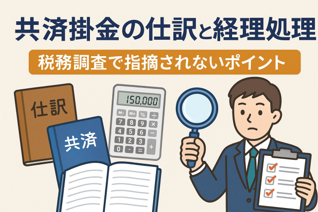共済掛金の仕訳と経理処理をテーマにしたイラスト付きアイキャッチ画像。税務調査で指摘されないためのチェックポイントを強調。