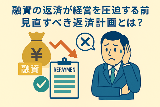 融資返済が経営を圧迫する前に見直すべき返済計画を、親しみやすいイラストで表現した画像