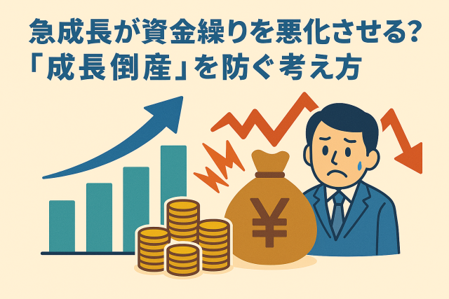 急成長によって資金繰りが悪化し、成長倒産のリスクが高まる状況を描いた親しみやすいイラスト