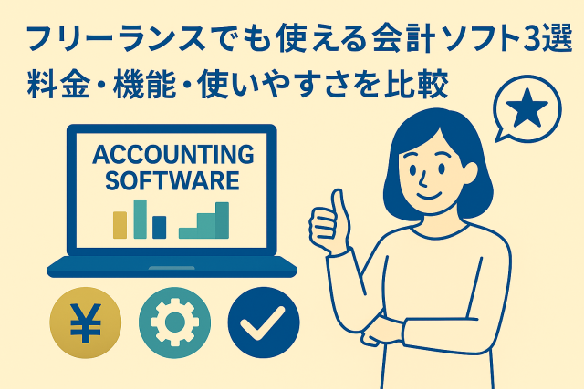 フリーランス向けの会計ソフト3種を料金・機能・使いやすさで比較する内容を表現した親しみやすいイラスト